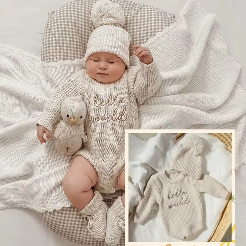 Hello World Knitted Newborn Photography Romper & Pompom Hat Set