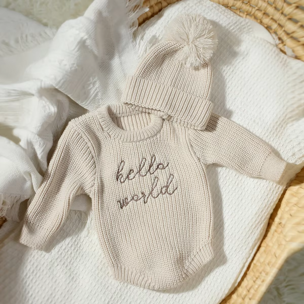 Hello World Knitted Newborn Photography Romper & Pompom Hat Set