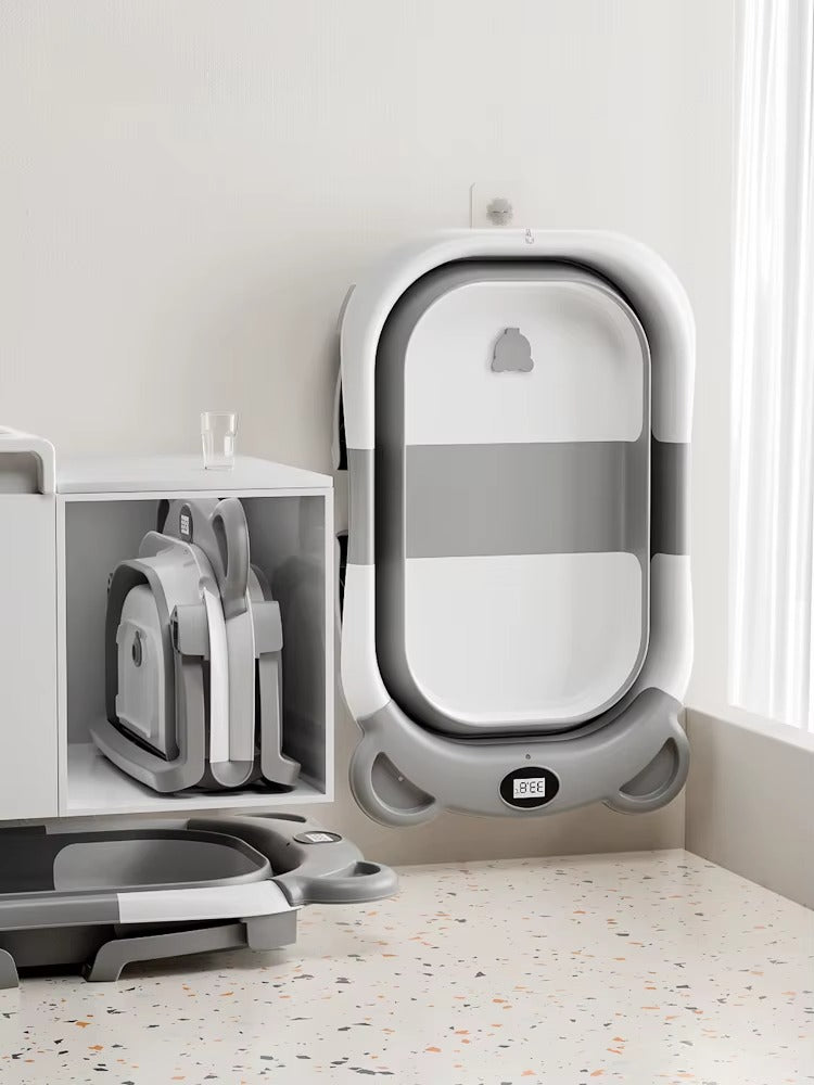 Portable Collapsible Baby Bathtub with Thermometer & Soft Floating Cushion