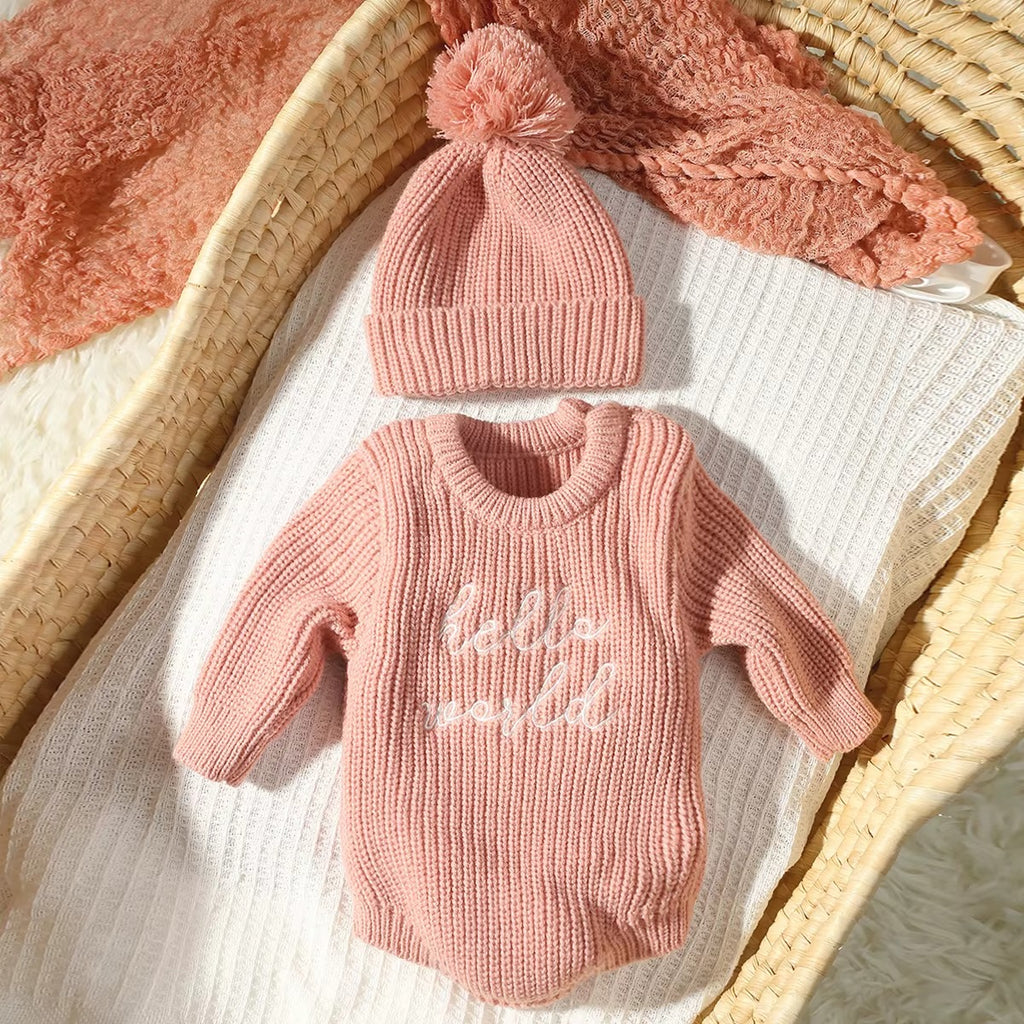 Hello World Knitted Newborn Photography Romper & Pompom Hat Set