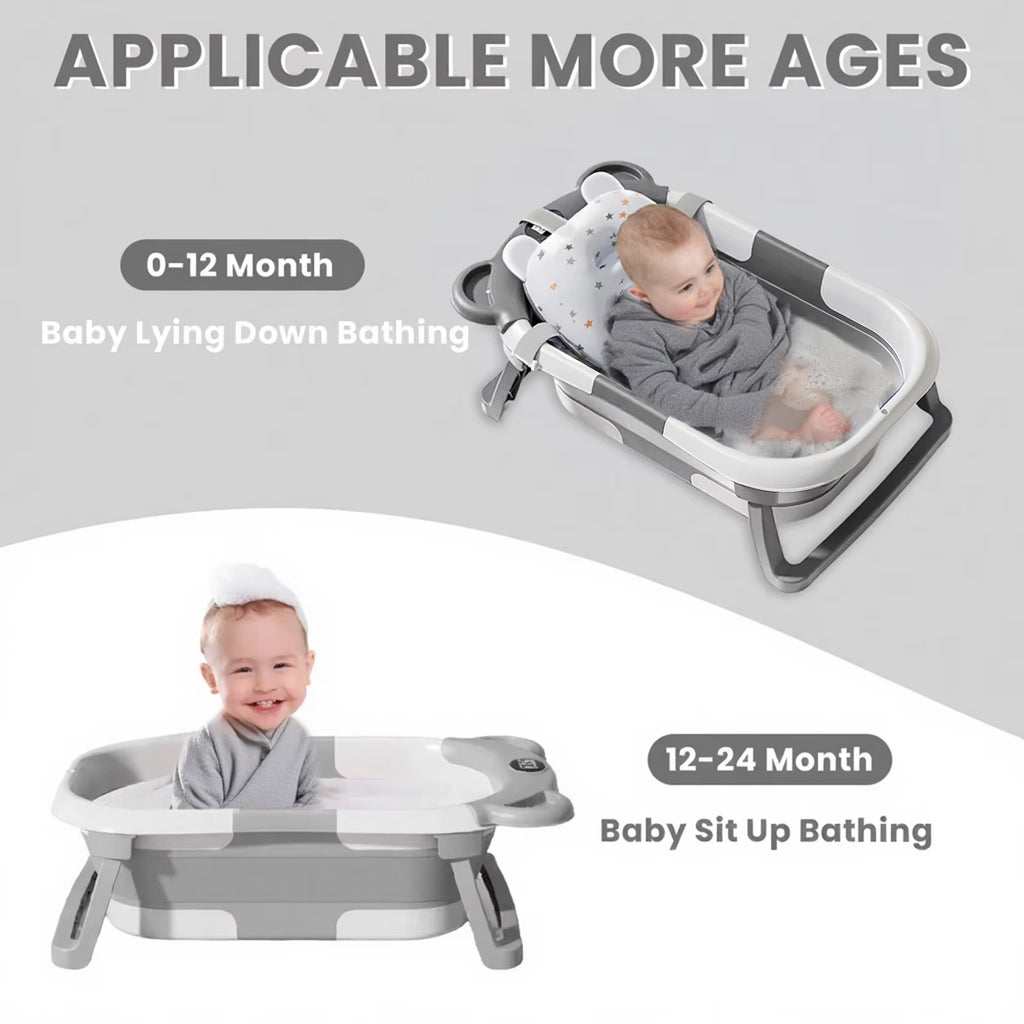 Portable Collapsible Baby Bathtub with Thermometer & Soft Floating Cushion