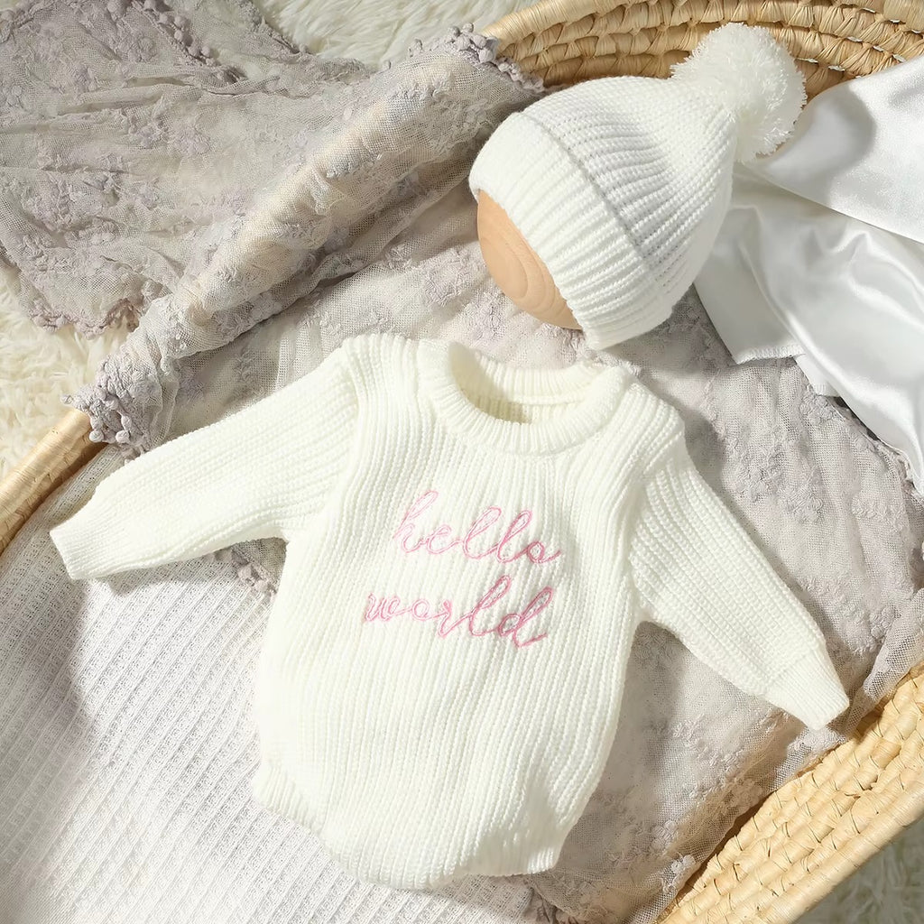 Hello World Knitted Newborn Photography Romper & Pompom Hat Set
