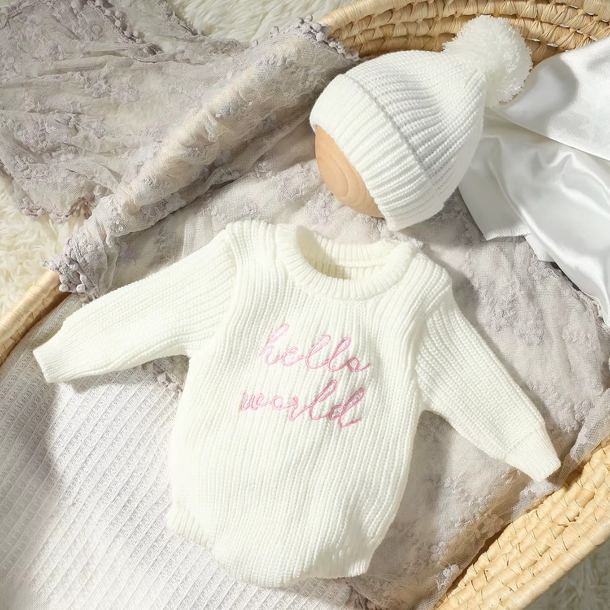 Hello World Knitted Newborn Photography Romper & Pompom Hat Set