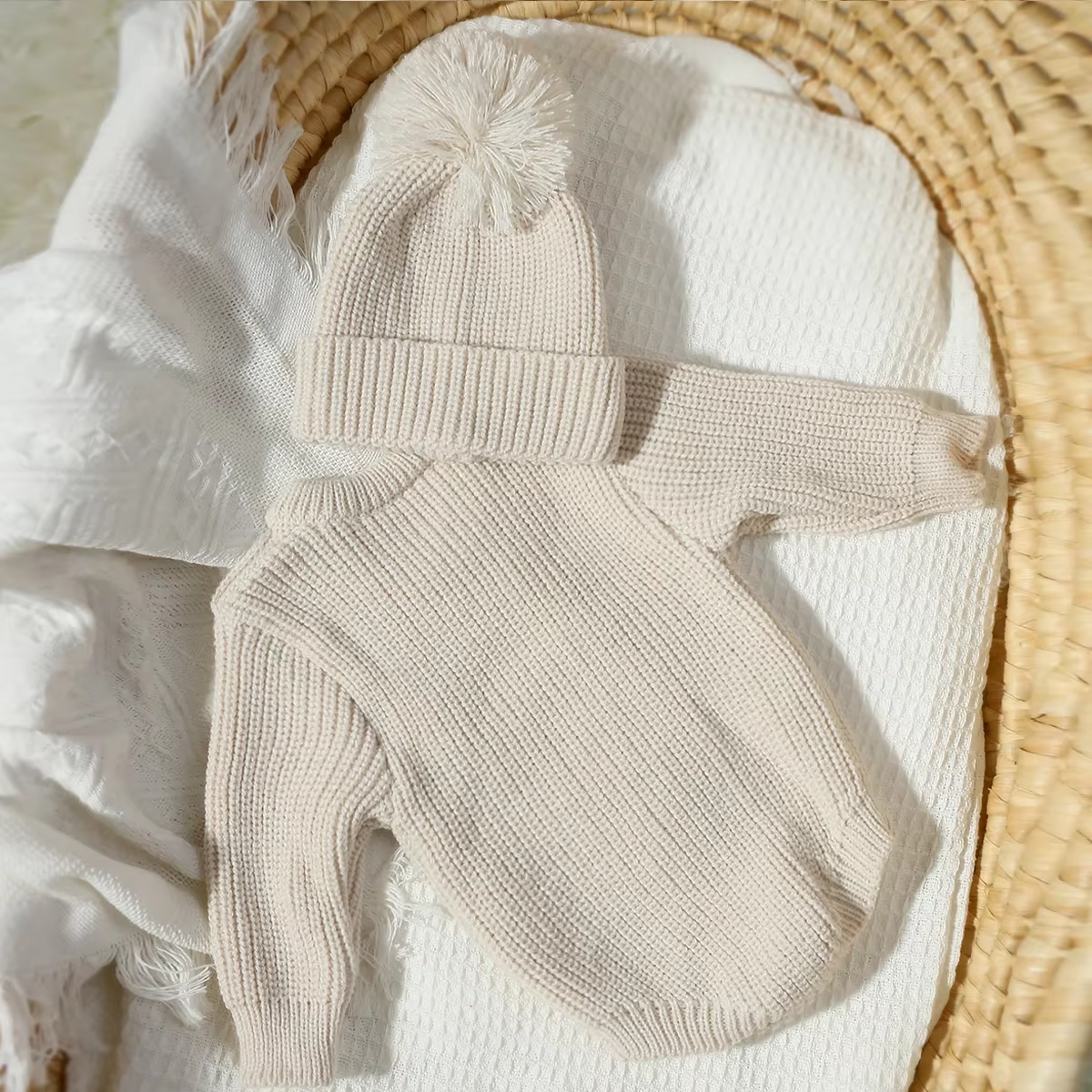 Hello World Knitted Newborn Photography Romper & Pompom Hat Set