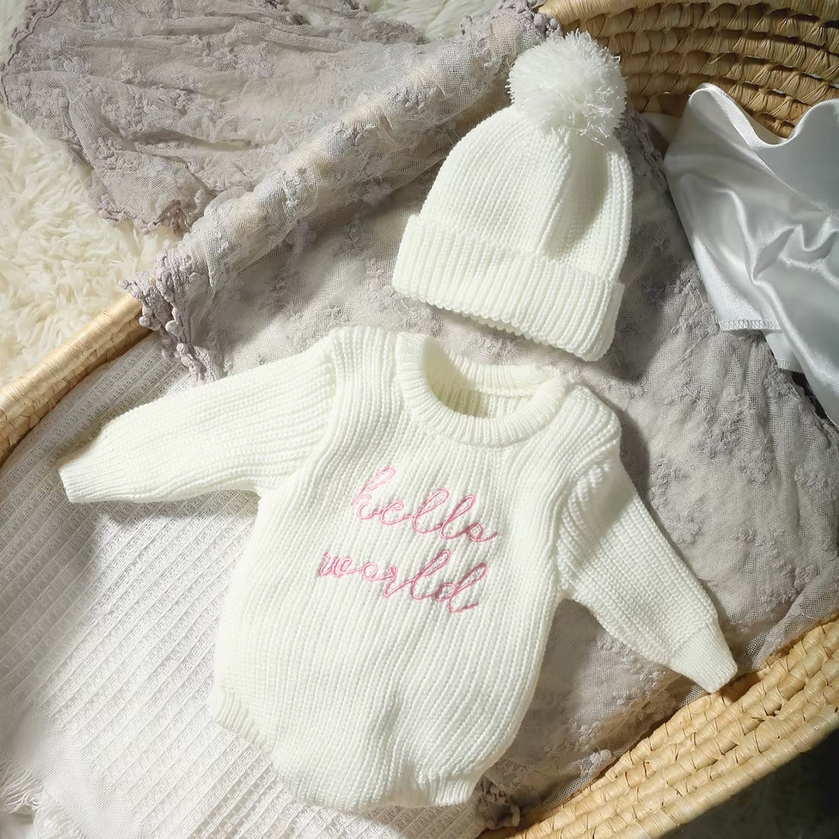 Hello World Knitted Newborn Photography Romper & Pompom Hat Set