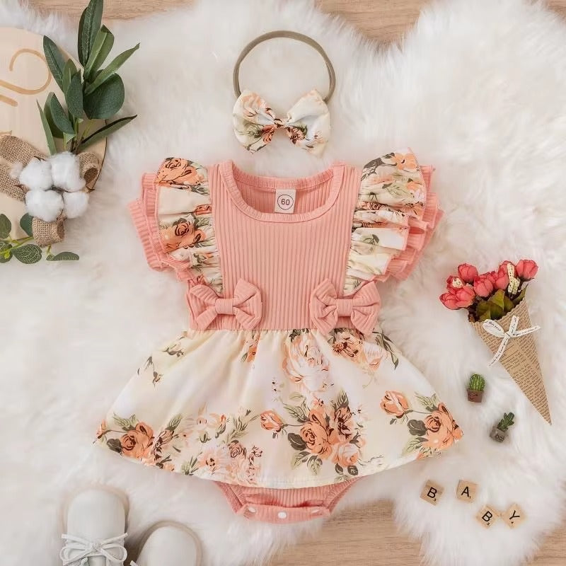 Summer Baby Girl Bowknot Striped Dress & Floral Jumpsuit Set