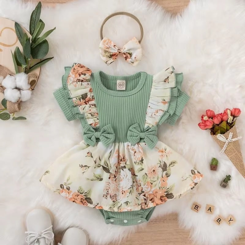 Summer Baby Girl Bowknot Striped Dress & Floral Jumpsuit Set