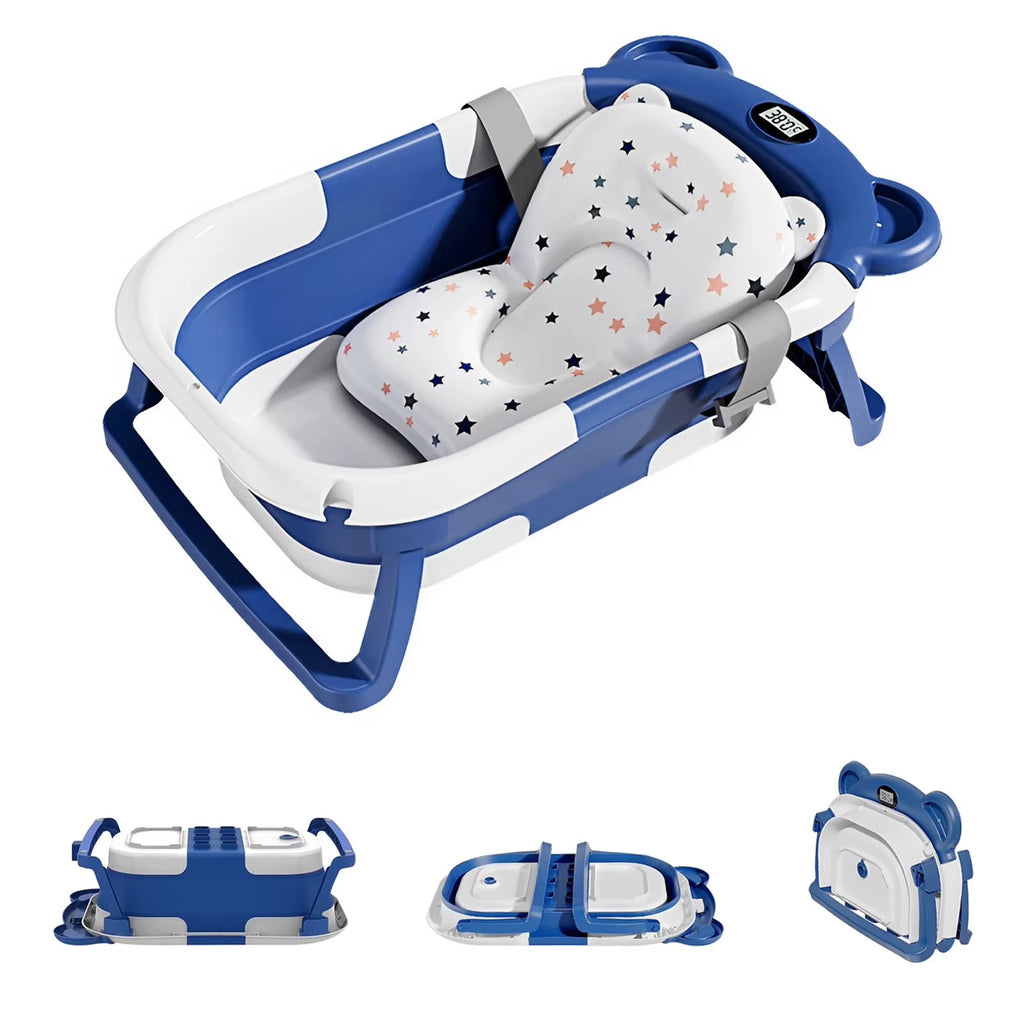 Portable Collapsible Baby Bathtub with Thermometer & Soft Floating Cushion