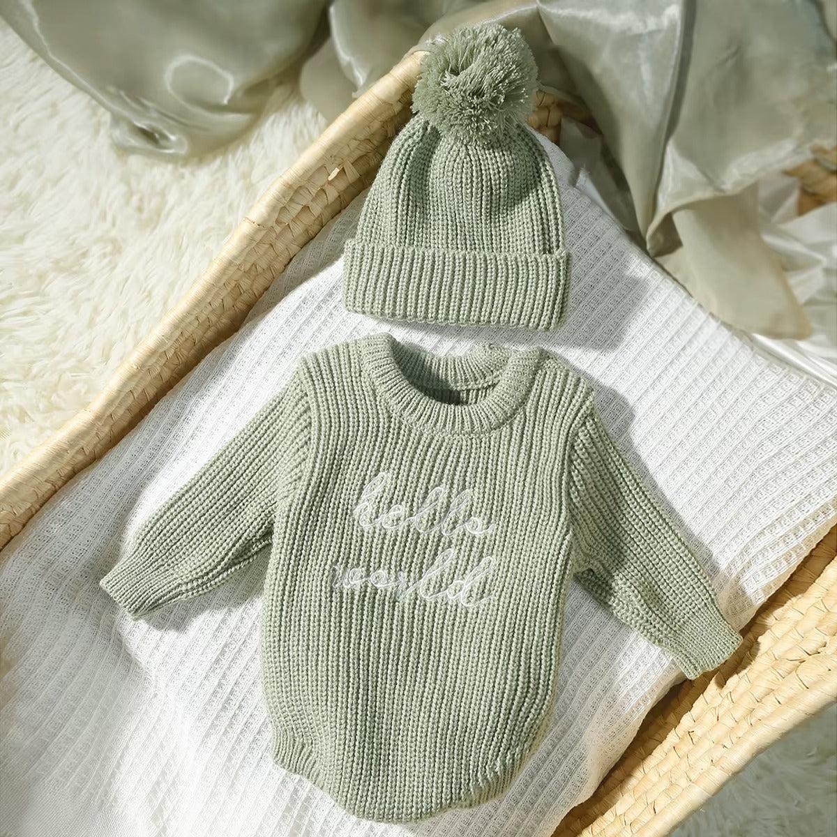 Hello World Knitted Newborn Photography Romper & Pompom Hat Set
