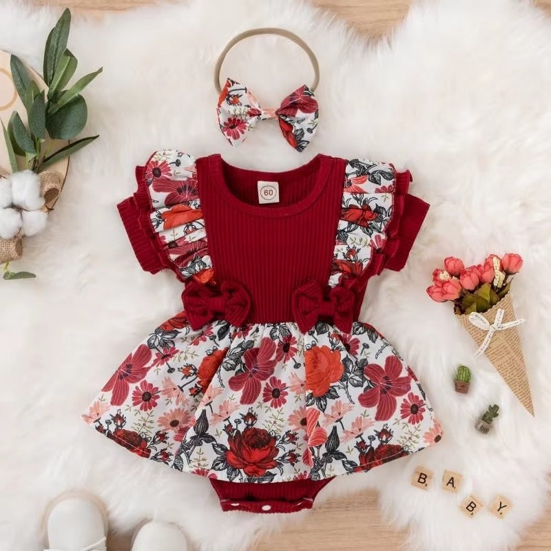 Summer Baby Girl Bowknot Striped Dress & Floral Jumpsuit Set